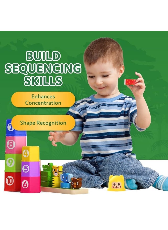 CoolToys CoolToys Stack n' Sort Baby Toddler Learning Toys, 3 Developmental Educational Game Set, Nesting & Stacking Cups, Shape & Color Sorting Stackable Wooden Pieces, Montessori Wooden Puzzle, Jungle Theme  - Image 4