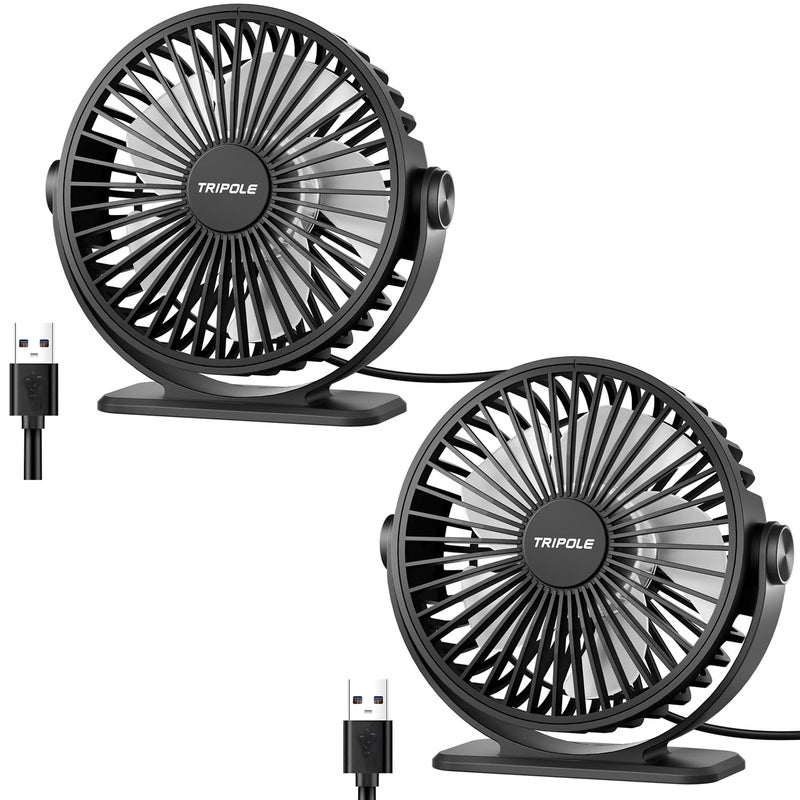 TriPole Desk Fan 2 Pack Black USB Powered Small Portable Fan, 3 Speeds Adjustable Strong Breeze Mini Personal Fan, 360Â° Rotation Quiet Plug In USB Fan for Desktop Bedroom Office Table Travel, 4.5in - Image 1