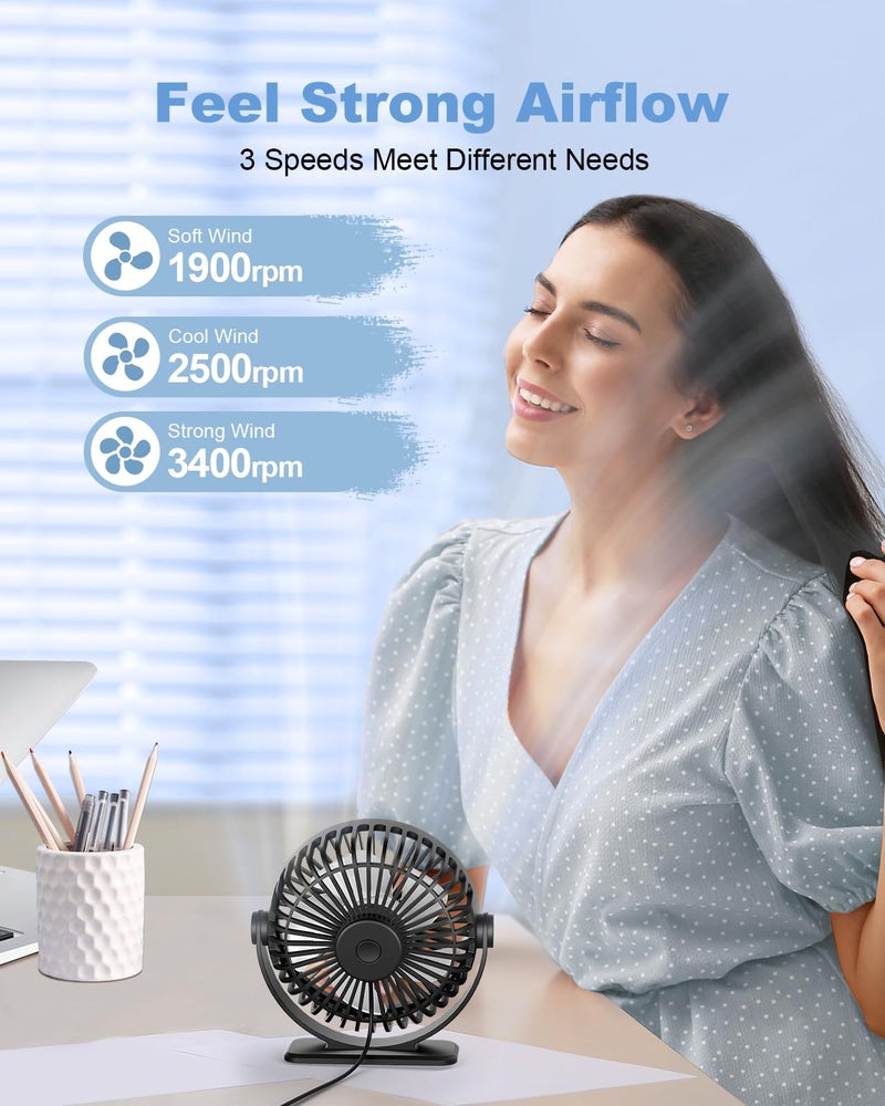 TriPole Desk Fan 2 Pack Black USB Powered Small Portable Fan, 3 Speeds Adjustable Strong Breeze Mini Personal Fan, 360Â° Rotation Quiet Plug In USB Fan for Desktop Bedroom Office Table Travel, 4.5in - Image 3