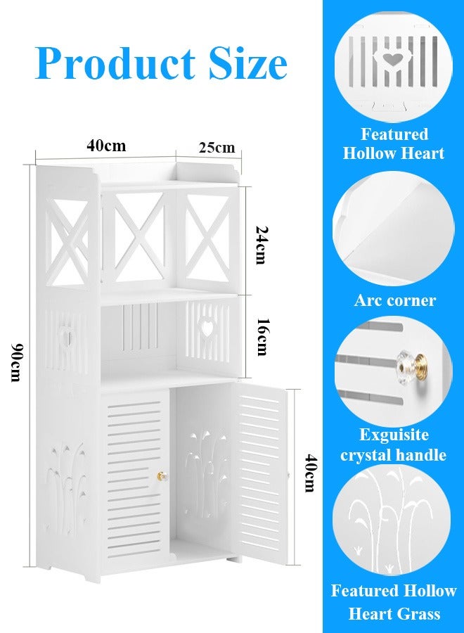 NOAEOU Bathroom Storage Cabinet -Home Storage Unit Waterproof 3-Tier Floor Organizer with Double Cupboard Doors, White Free Standing PVC Cabinet for Toilet Paper & Shampoo，40x 25x 90CM - Image 2