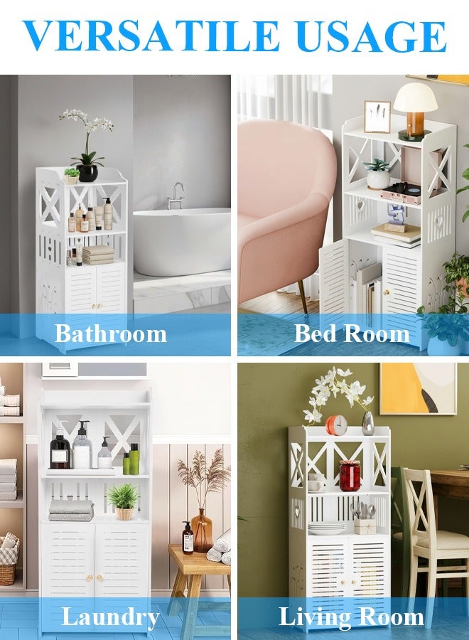 NOAEOU Bathroom Storage Cabinet -Home Storage Unit Waterproof 3-Tier Floor Organizer with Double Cupboard Doors, White Free Standing PVC Cabinet for Toilet Paper & Shampoo，40x 25x 90CM - Image 3