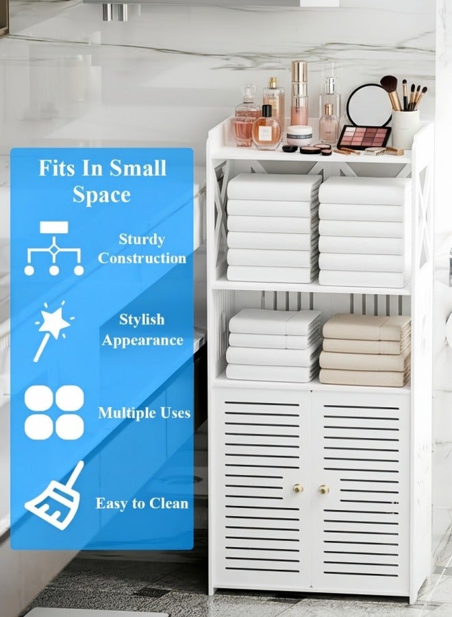 NOAEOU Bathroom Storage Cabinet -Home Storage Unit Waterproof 3-Tier Floor Organizer with Double Cupboard Doors, White Free Standing PVC Cabinet for Toilet Paper & Shampoo，40x 25x 90CM - Image 4