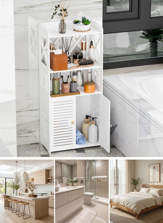 NOAEOU Bathroom Storage Cabinet -Home Storage Unit Waterproof 3-Tier Floor Organizer with Double Cupboard Doors, White Free Standing PVC Cabinet for Toilet Paper & Shampoo，40x 25x 90CM - Image 1