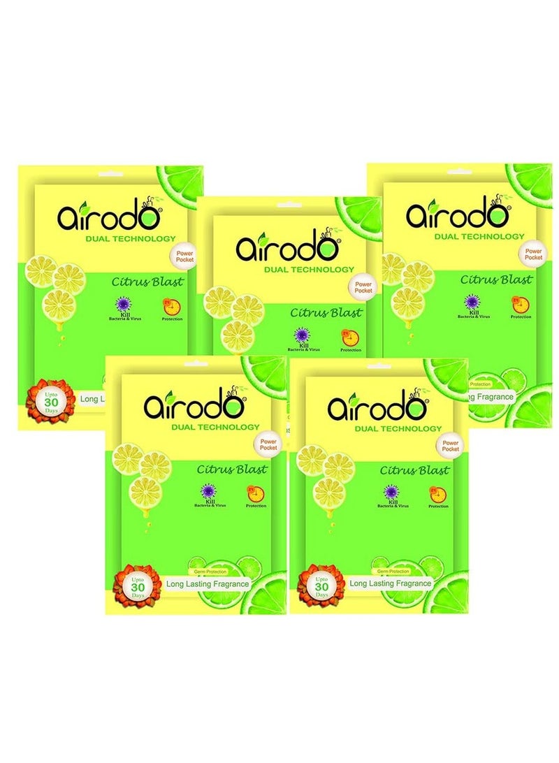 airodo Premium Air Freshener Power Pocket Gel For Bathrooms,Toilets, Cars,Home,Office and Small Spaces|Instant & Long Lasting Fragrance|Germ Protection|Odor Eliminator|24h Protection|Compact Hanging Scent Pouch|Lasts Up to 30 Days (Lemon, Pack of 5) - Image 1