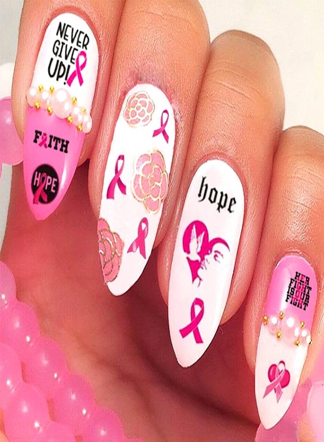 FUMIHIT 6 Sheets Breast Cancer Nail Art Stickers 3D Self-Adhesive Nail Decals Pink Ribbon Nail Stickers Heart Breast Cancer Awareness Nail Decoration for Women Girls DIY Manicure Tips Nail Charms - Image 2