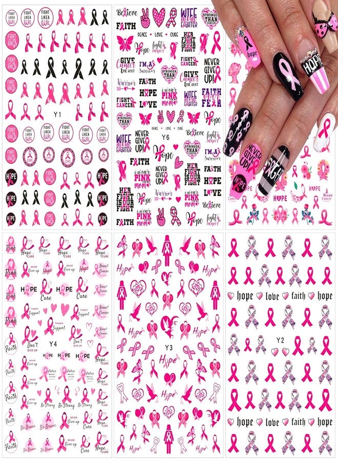 FUMIHIT 6 Sheets Breast Cancer Nail Art Stickers 3D Self-Adhesive Nail Decals Pink Ribbon Nail Stickers Heart Breast Cancer Awareness Nail Decoration for Women Girls DIY Manicure Tips Nail Charms - Image 1