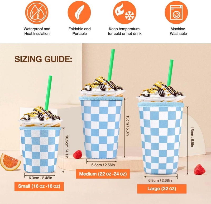 كي بي اكس 3 Pack Iced Coffee Cup Sleeve for Large Sized Cups, Reusable Neoprene Iced Coffee Cup Holder for Hot Cold Drinks, Compatible with Starbucks, Dunkin Donuts, and More（Blue Checkered） - Image 2