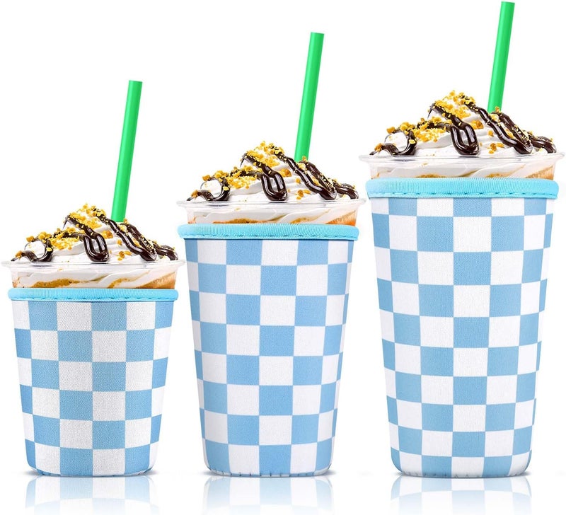 كي بي اكس 3 Pack Iced Coffee Cup Sleeve for Large Sized Cups, Reusable Neoprene Iced Coffee Cup Holder for Hot Cold Drinks, Compatible with Starbucks, Dunkin Donuts, and More（Blue Checkered） - Image 1
