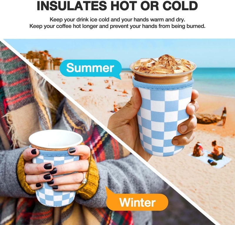 كي بي اكس 3 Pack Iced Coffee Cup Sleeve for Large Sized Cups, Reusable Neoprene Iced Coffee Cup Holder for Hot Cold Drinks, Compatible with Starbucks, Dunkin Donuts, and More（Blue Checkered） - Image 4