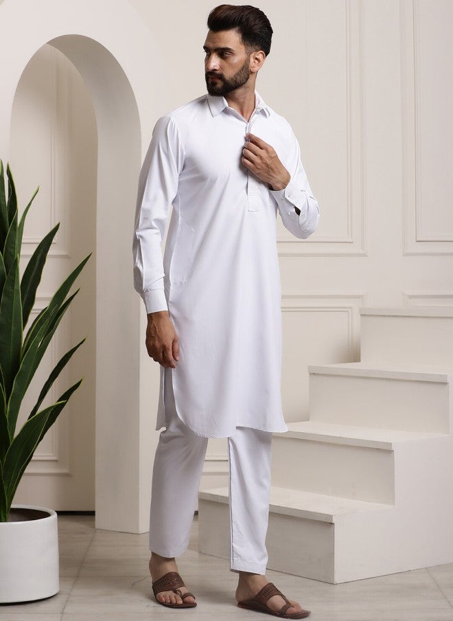 Sojanya Pure Cotton White Pathani Kurta With Salwar For Men - Image 4