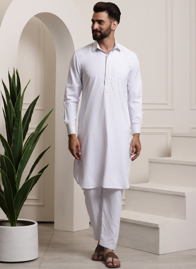 Sojanya Pure Cotton White Pathani Kurta With Salwar For Men - Image 1