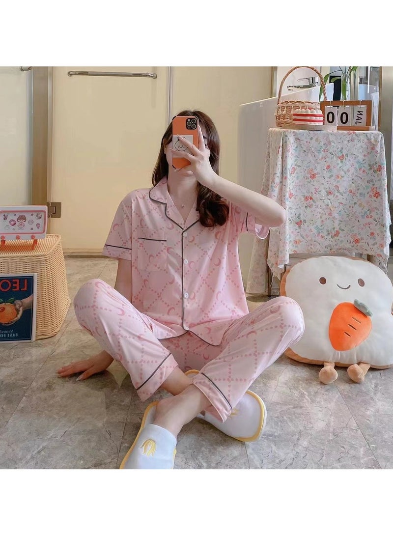 DubaiGallery New Summer Short-sleeved Shorts And Trousers Three-piece Cute Cartoon Women's Pajama Suit Thin Girl's Cardigan Home Clothes