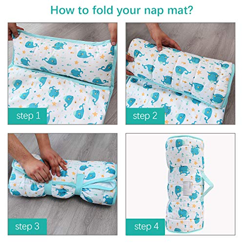 Biloban Toddler Nap Mat with Pillow and Blanket, Cot Nap Mats for Daycare Preschool, Lightweight Portable Travel Sleeping Bag for Kids, Warm & Skin-Friendly, Blue Whale, 50" x 21" - Image 5