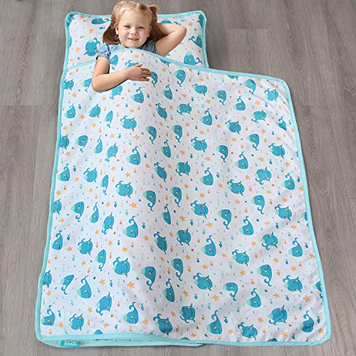 Biloban Toddler Nap Mat with Pillow and Blanket, Cot Nap Mats for Daycare Preschool, Lightweight Portable Travel Sleeping Bag for Kids, Warm & Skin-Friendly, Blue Whale, 50" x 21" - Image 2