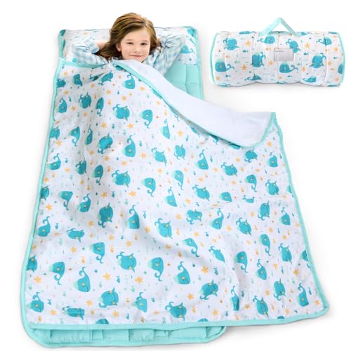 Biloban Toddler Nap Mat with Pillow and Blanket, Cot Nap Mats for Daycare Preschool, Lightweight Portable Travel Sleeping Bag for Kids, Warm & Skin-Friendly, Blue Whale, 50" x 21" - Image 1