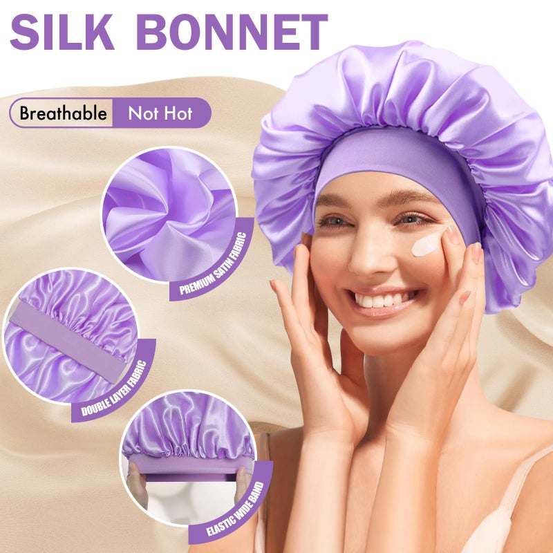 Doitory Satin Silk Bonnet for Sleeping, Double Layer Silk Sleep Cap for Men & Women, Soft Satin Lined Bonnet for Natural & Curly Hair(Purple) - Image 3