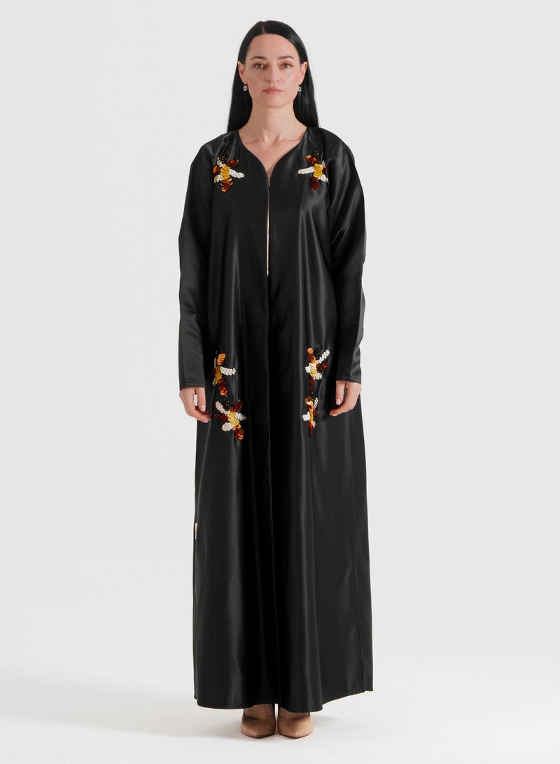 Rosette Abaya An exquisite abaya adorned with gold mix decorative hand embroidery - Image 1