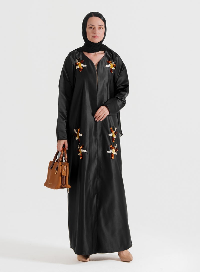 Rosette Abaya An exquisite abaya adorned with gold mix decorative hand embroidery - Image 3