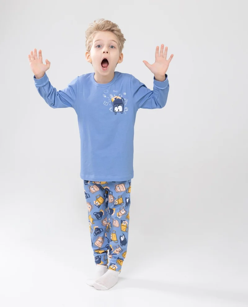 Baykar Boy's Cotton Printed Crew Neck Long Sleeve Cuffed Pajama Set 9604-1 Light Blue