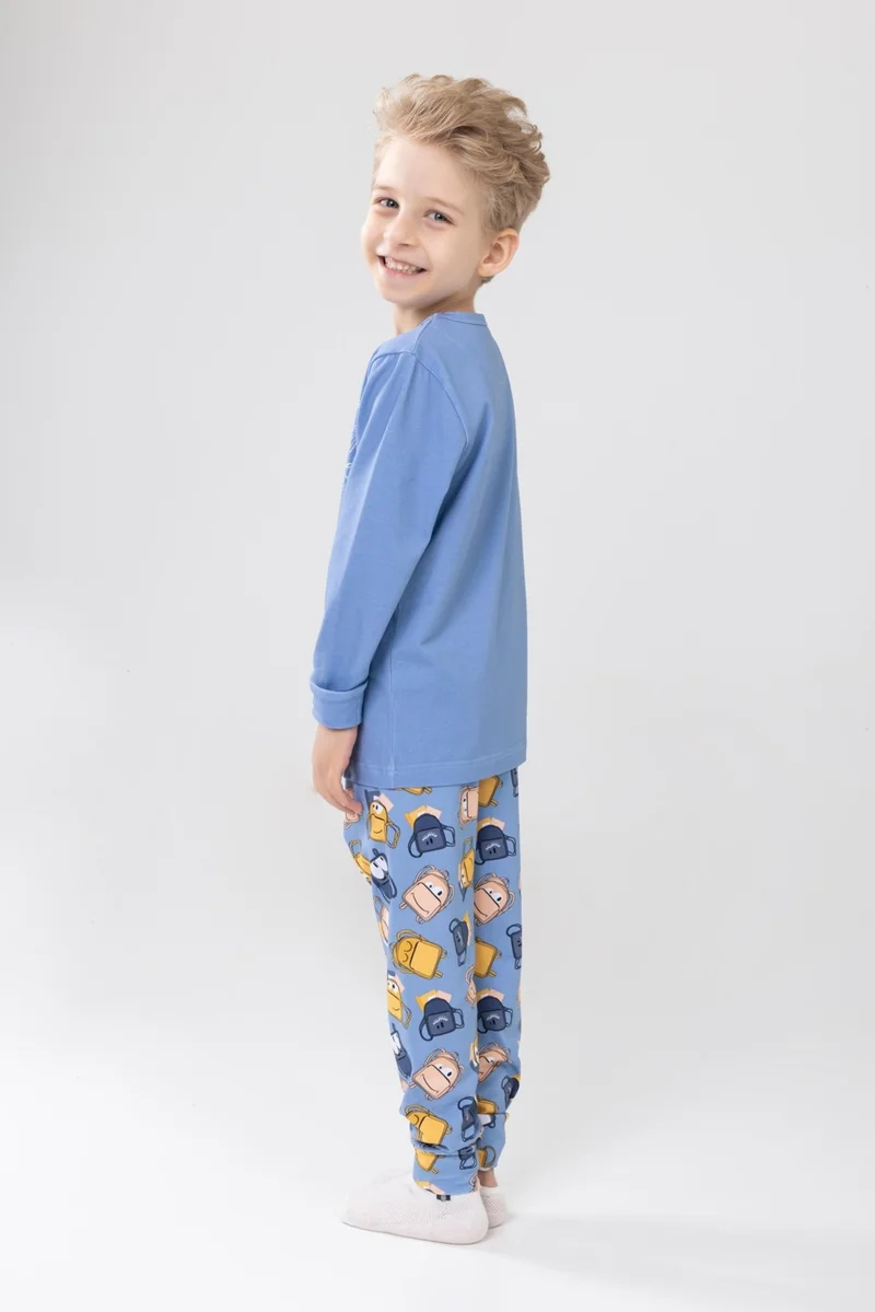 Baykar Boy's Cotton Printed Crew Neck Long Sleeve Cuffed Pajama Set 9604-1 Light Blue
