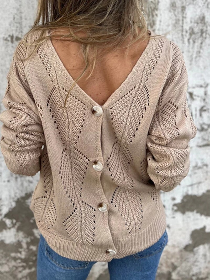 V-Neck Buttoned Long-Sleeve Double-Sided Knit 2026 Backless Sweater for Women, Loose Fit, Spring and Autumn Style, and Style, Thick Fabric - Image 1