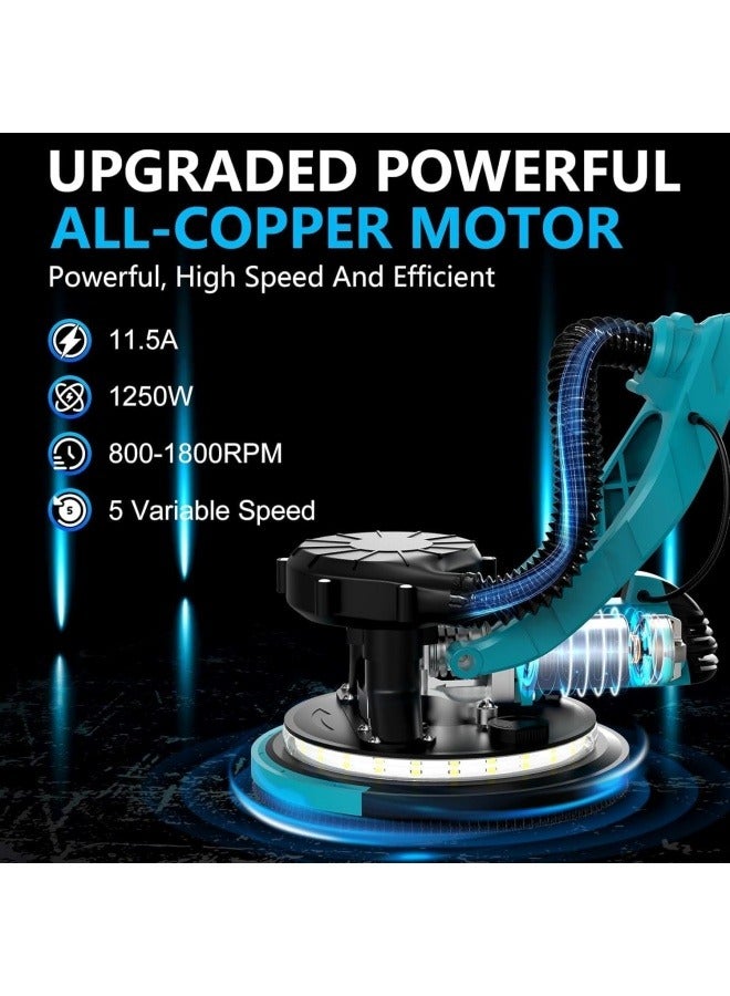 ALongDeng 1250W Electric Drywall Sander with Vacuum Popcorn Ceiling Removal Tool with Variable Speed 800-1800RPM Extendable Handle LED Light 20 Sanding Discs Blue - Image 2