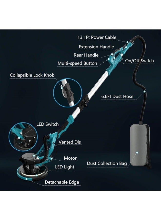 ALongDeng 1250W Electric Drywall Sander with Vacuum Popcorn Ceiling Removal Tool with Variable Speed 800-1800RPM Extendable Handle LED Light 20 Sanding Discs Blue - Image 4