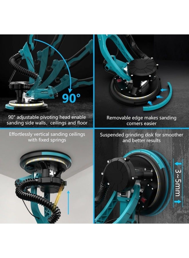 ALongDeng 1250W Electric Drywall Sander with Vacuum Popcorn Ceiling Removal Tool with Variable Speed 800-1800RPM Extendable Handle LED Light 20 Sanding Discs Blue - Image 5