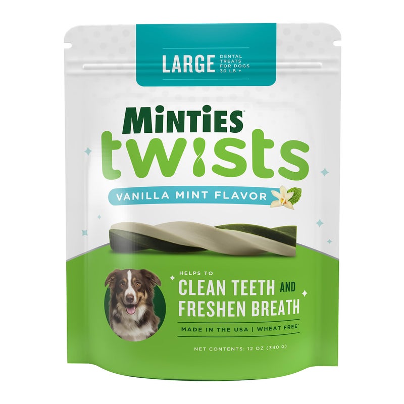 Minties Dental Twists for Dogs, Vet-Recommended Vanilla-Flavored Dental Chews, Dental Treats Clean Teeth, Fight Bad Breath and Removes Plaque and Tartar, Green, 12 Ounce (Pack of 1) - Image 1