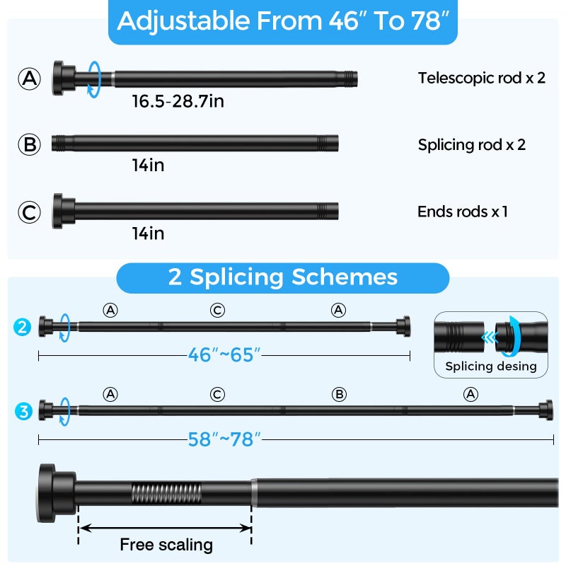 QINGYUN Shower Curtain Rod 31-76 Inch,0.87"Diameter Adjustable Spring Tension Curtain Rods No Drill,Matte Black Shower Tension Rod for Bathroom,Room Divider,Window,Anti-Rust Non-Slip 1-Pack - Image 3
