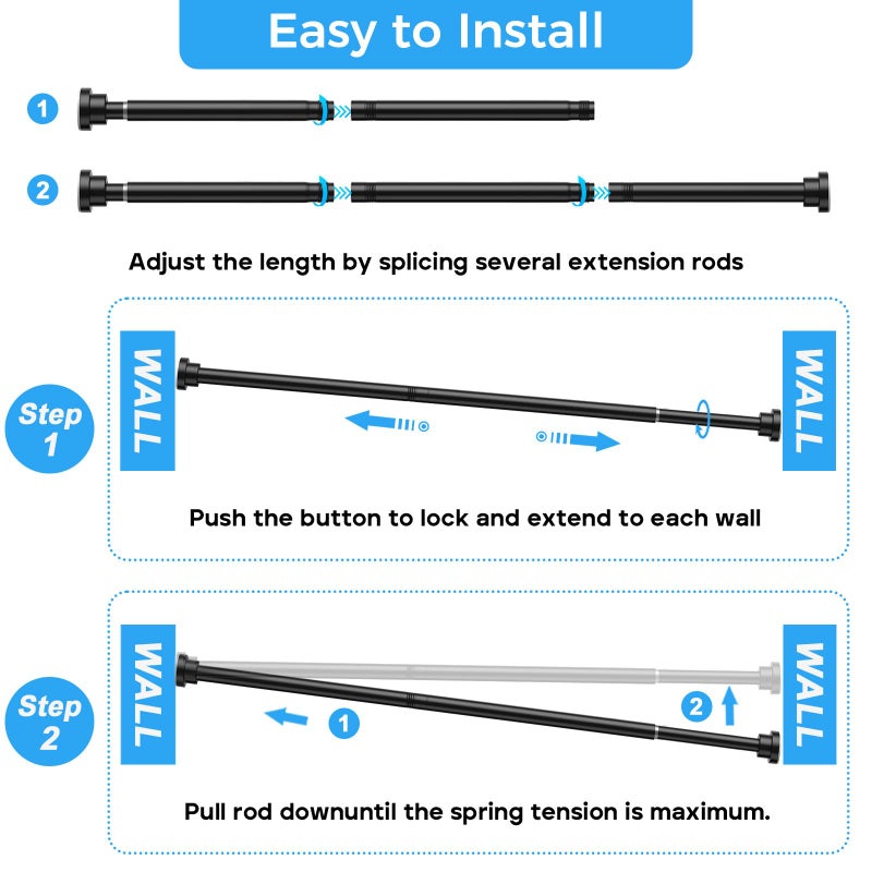 QINGYUN Shower Curtain Rod 31-76 Inch,0.87"Diameter Adjustable Spring Tension Curtain Rods No Drill,Matte Black Shower Tension Rod for Bathroom,Room Divider,Window,Anti-Rust Non-Slip 1-Pack - Image 2