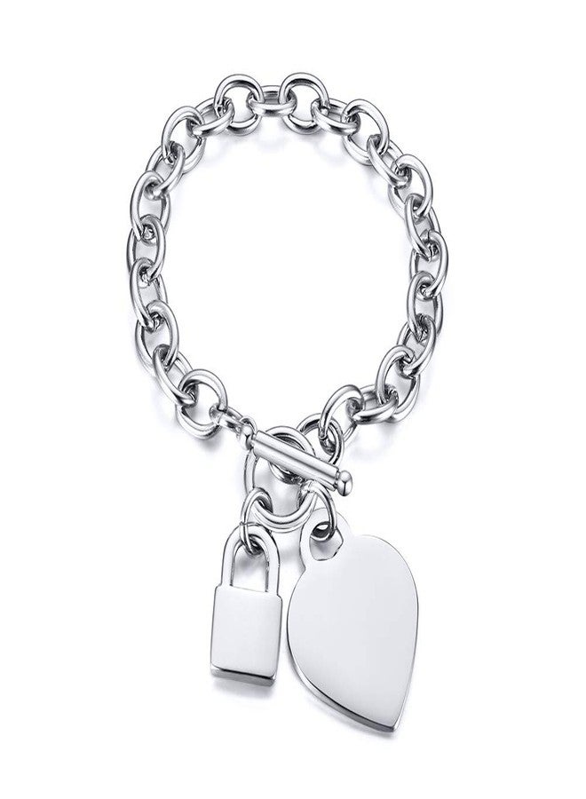 VNOX Stainless Steel Trendy Cable Chain Bracelet with Padlock Heart Charm and Toggle Clasp Closure for Womem - Image 1
