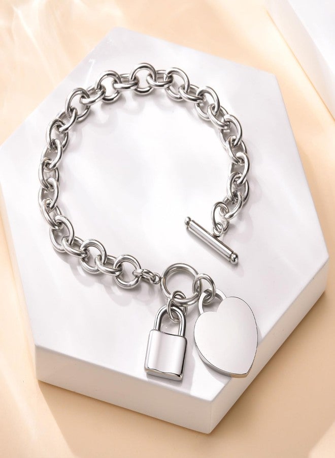 VNOX Stainless Steel Trendy Cable Chain Bracelet with Padlock Heart Charm and Toggle Clasp Closure for Womem - Image 5