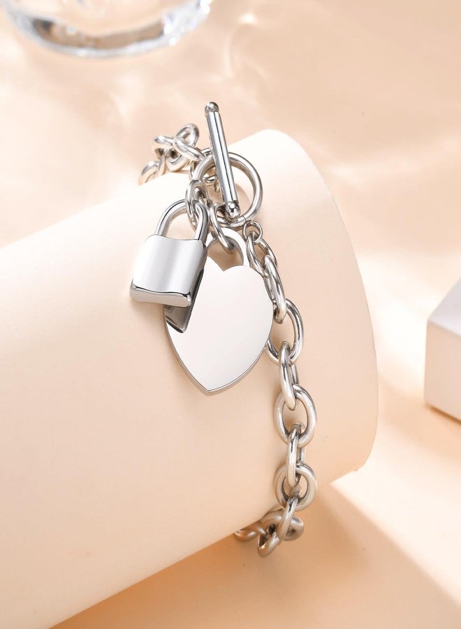 VNOX Stainless Steel Trendy Cable Chain Bracelet with Padlock Heart Charm and Toggle Clasp Closure for Womem - Image 4