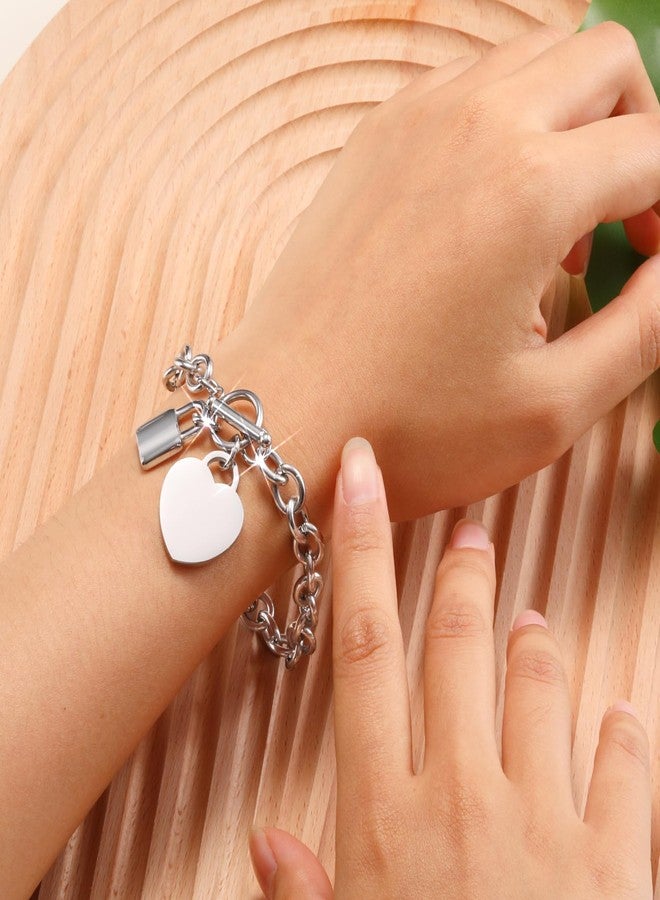 VNOX Stainless Steel Trendy Cable Chain Bracelet with Padlock Heart Charm and Toggle Clasp Closure for Womem - Image 3