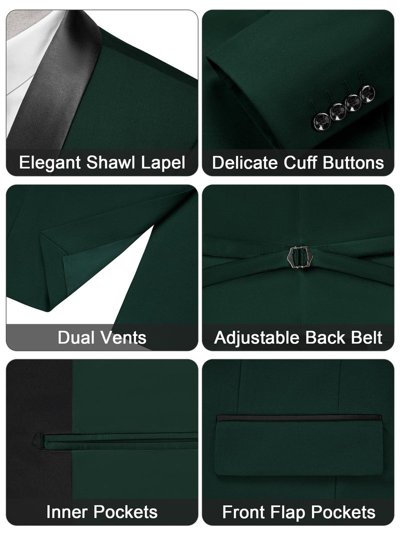 MAGE MALE Men's Slim Fit 3 Piece Suit One Button Solid Shawl Lapel Blazer Jacket Vest Pants Set with Tie Pocket Square Dark Green - Image 3