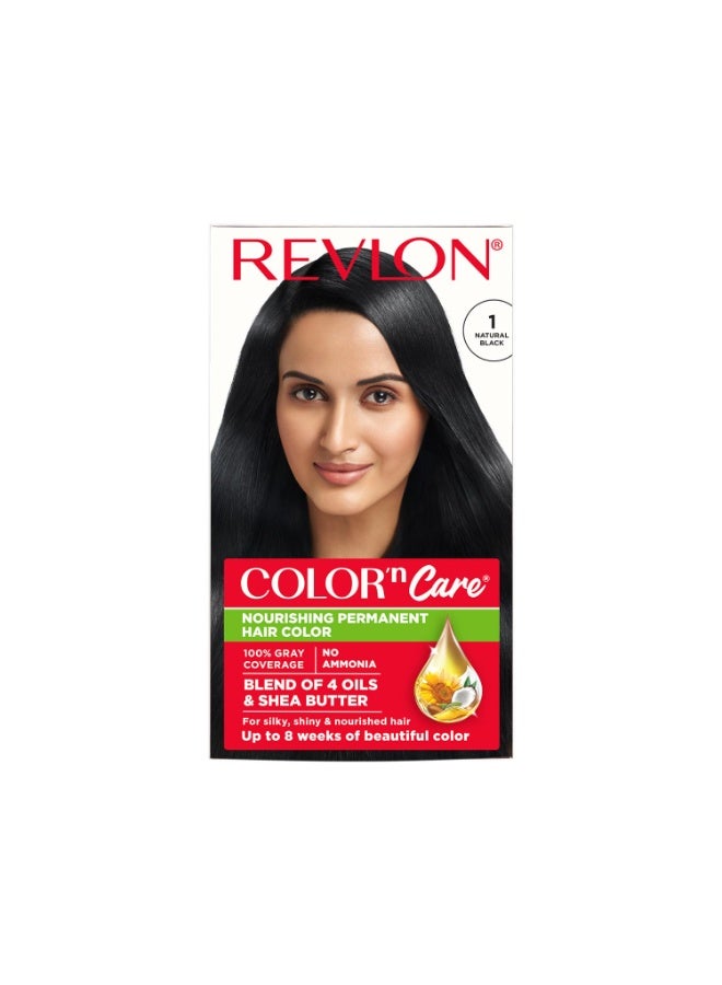 Revlon Color 'n Care Permanent Hair Color for Women 1 Natural Black | Blend of 4 oil's & Shea Butter| For Silky, Shiny & Nourished Hair | 100% Grey Coverage in 5 Minutes | Ammonia Free - Image 1