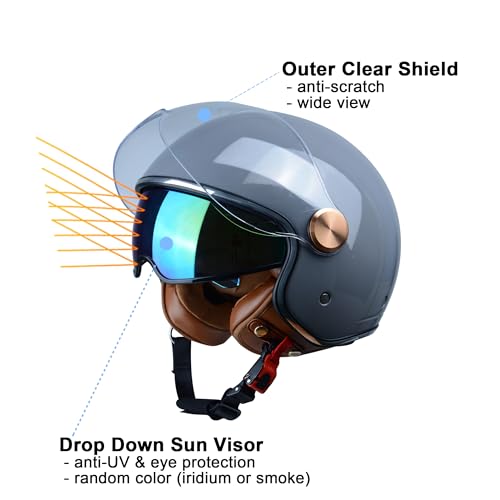 BEON Half 3/4 Face Motorcycle Helmet, DOT Approved, Retro Vintage Style, Dual Visors Men’s and Women’s Motorbike Casco for Moped Cruiser Bobber and Chopper (S, Glossy Grey) - Image 3