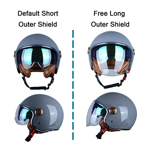 BEON Half 3/4 Face Motorcycle Helmet, DOT Approved, Retro Vintage Style, Dual Visors Men’s and Women’s Motorbike Casco for Moped Cruiser Bobber and Chopper (S, Glossy Grey) - Image 4
