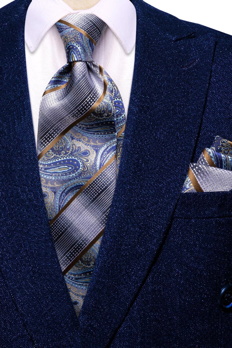 Dubulle Mens Blue Paisley Striped Tie WOVEN Necktie for Men and Handkerchief Cufflinks Set Wedding Formal Business - Image 4