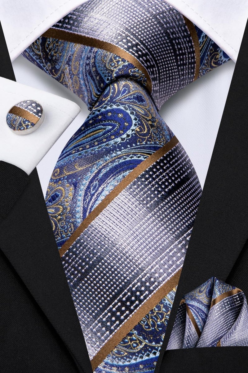 Dubulle Mens Blue Paisley Striped Tie WOVEN Necktie for Men and Handkerchief Cufflinks Set Wedding Formal Business - Image 2