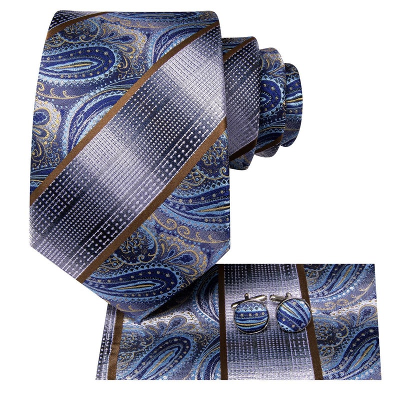 Dubulle Mens Blue Paisley Striped Tie WOVEN Necktie for Men and Handkerchief Cufflinks Set Wedding Formal Business - Image 3