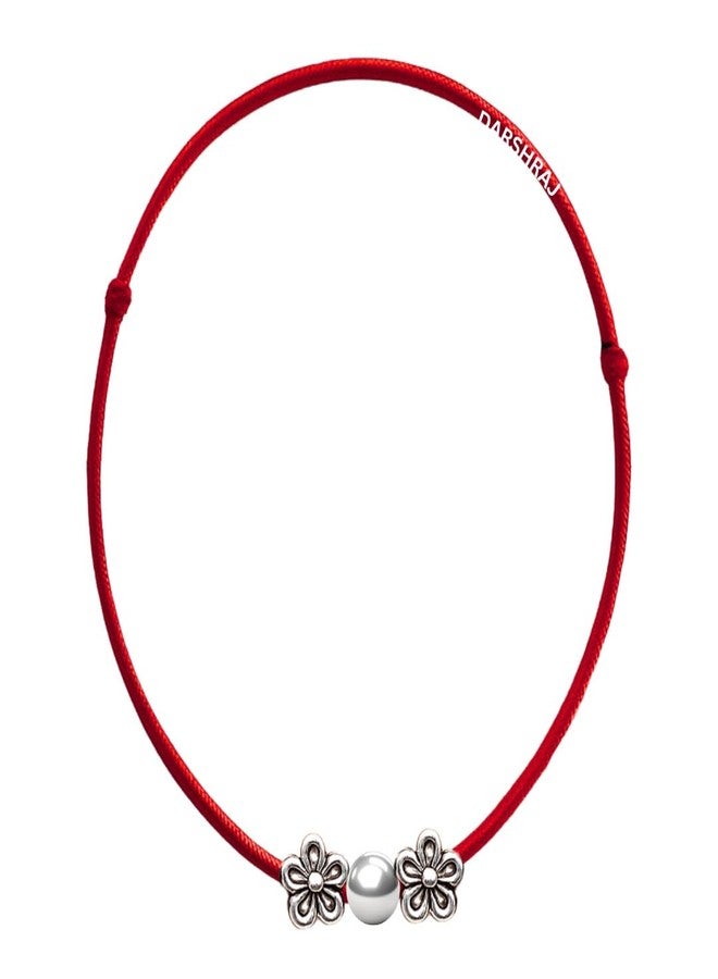DARSHRAJ Handmade 925 Sterling Silver Anklet with Red Thread with Flower & Ball Beads for Women & Girls - Image 1