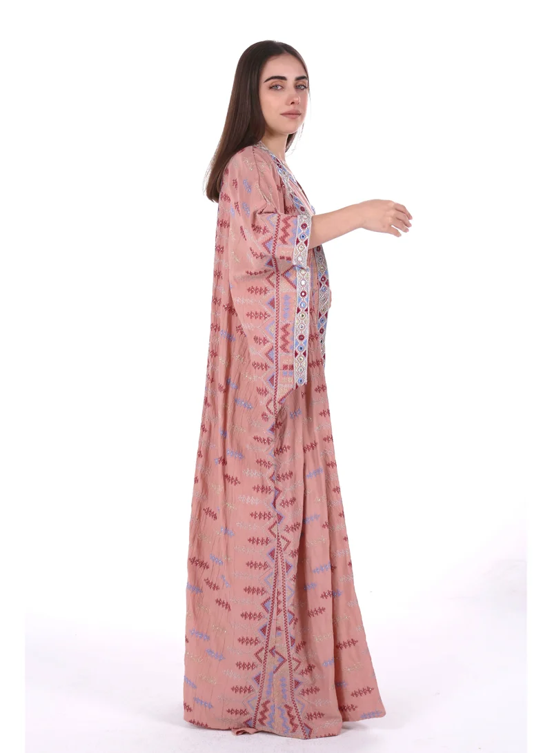 AL BENT AL SHARQIEH pink embroidered linen kaftan dress for Women | Best Price UAE