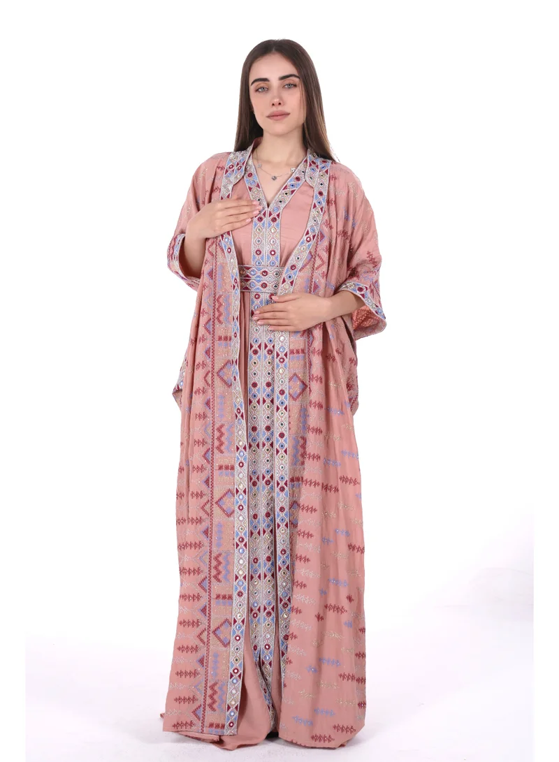 AL BENT AL SHARQIEH pink embroidered linen kaftan dress for Women | Best Price UAE