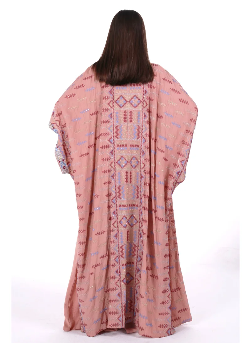 AL BENT AL SHARQIEH pink embroidered linen kaftan dress for Women | Best Price UAE