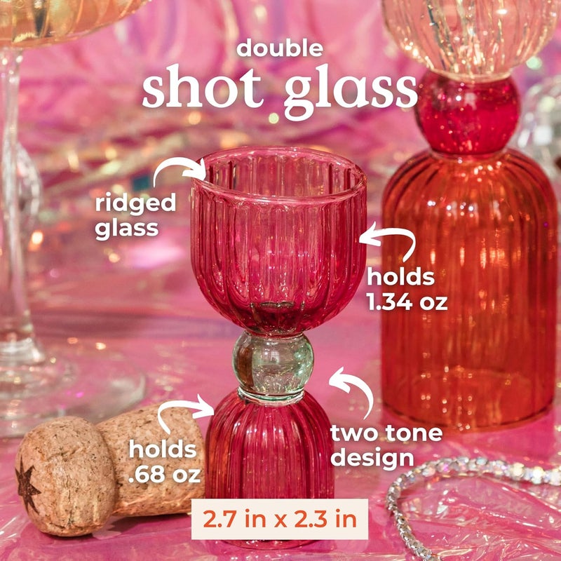 ban.do Cocktail Measuring Jigger, Double Jigger Shot Glass, 1/2 and 1 Shot Measuring Cup, Pink Glass Bar Tool, Tipsy Turvy - Image 1