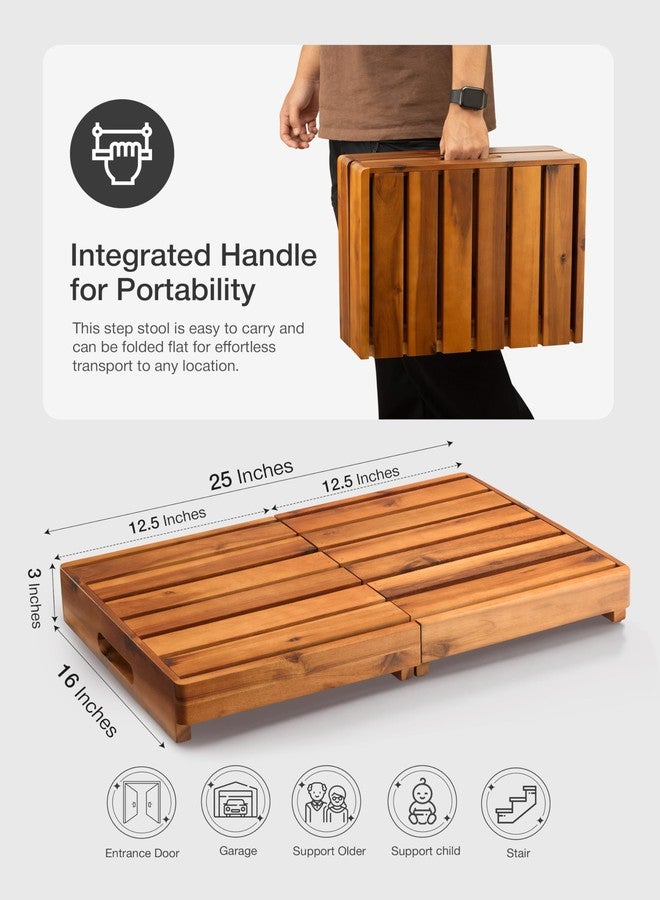 HOLANA 25 Inch Acacia Foldable Wooden Step Stool for Adults & Elderly & Handicap- Adjustable 3" to 6" - Heavy Duty 400lbs - Mobility Step Stool for High Beds & Outdoor Use - Wood Stepping Stool - Image 2