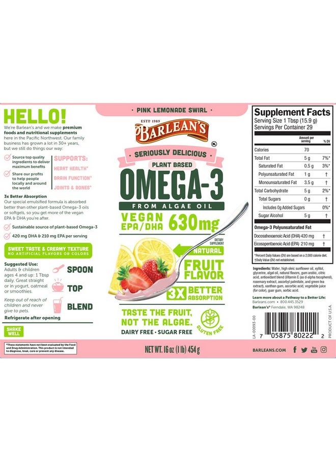 BARLEAN'S - Pink Lemonade Vegan Omega 3 Supplement Liquid Algae Oil With 630 Mg Epa & Dha Plant Based Omegas From Algal Oil Nongmo & Gluten Free 16 Oz - Image 1