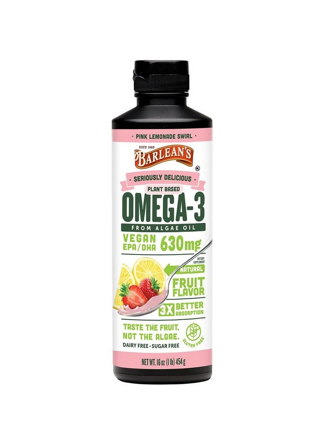 BARLEAN'S - Pink Lemonade Vegan Omega 3 Supplement Liquid Algae Oil With 630 Mg Epa & Dha Plant Based Omegas From Algal Oil Nongmo & Gluten Free 16 Oz - Image 1